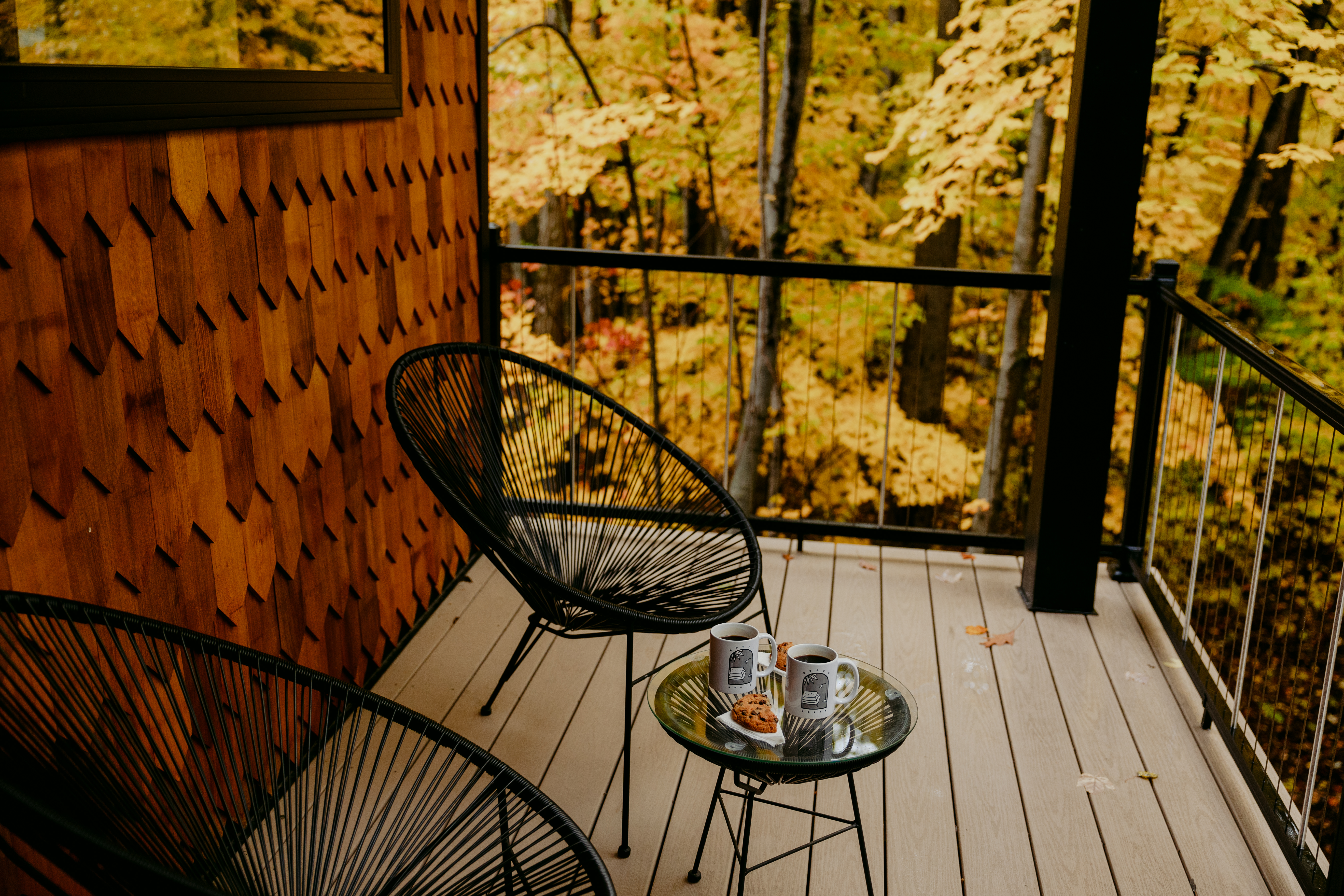 Morning coffee on the deck with fall foliage