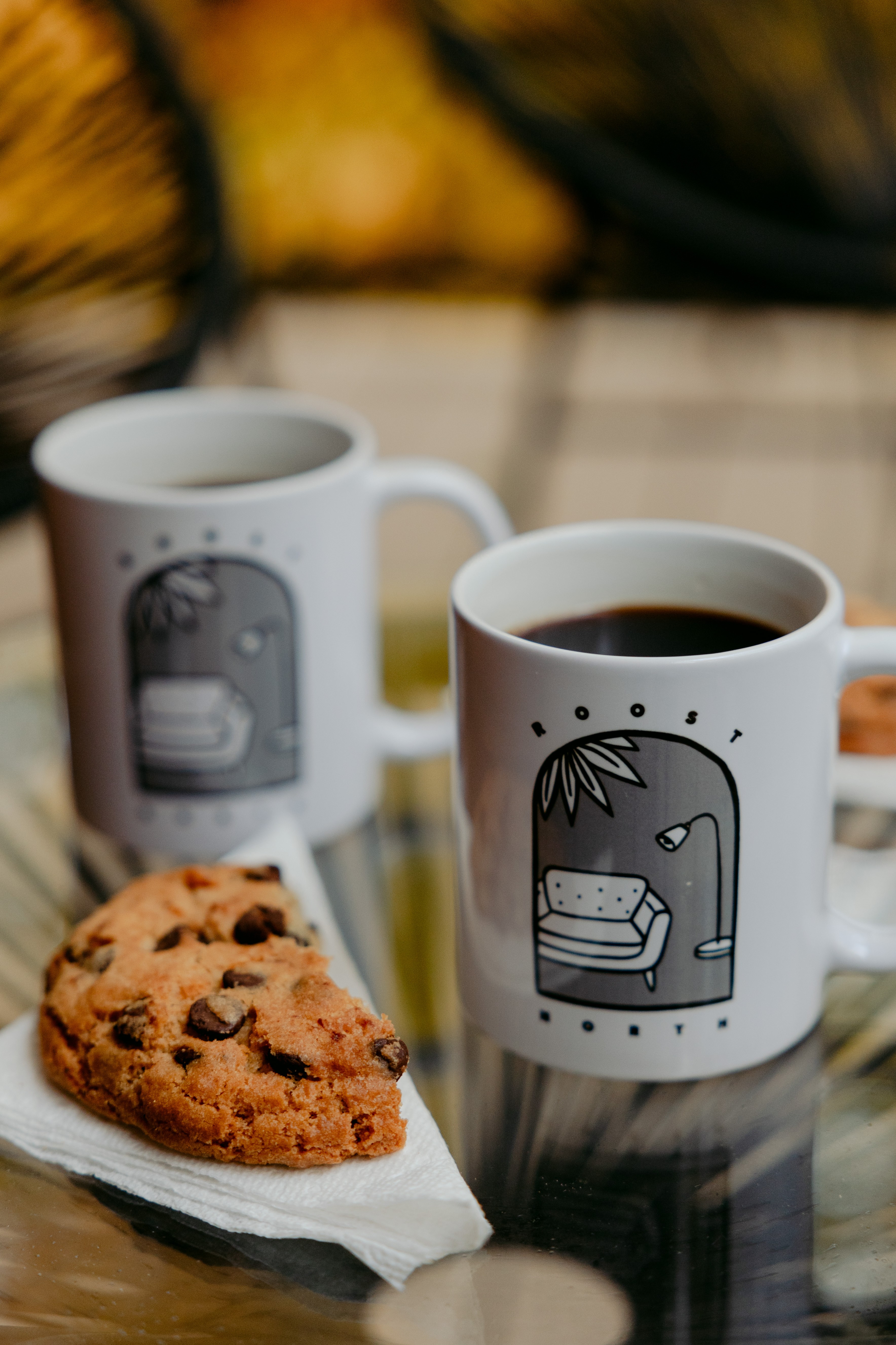 Cozy morning coffee with cookies and fall foliage