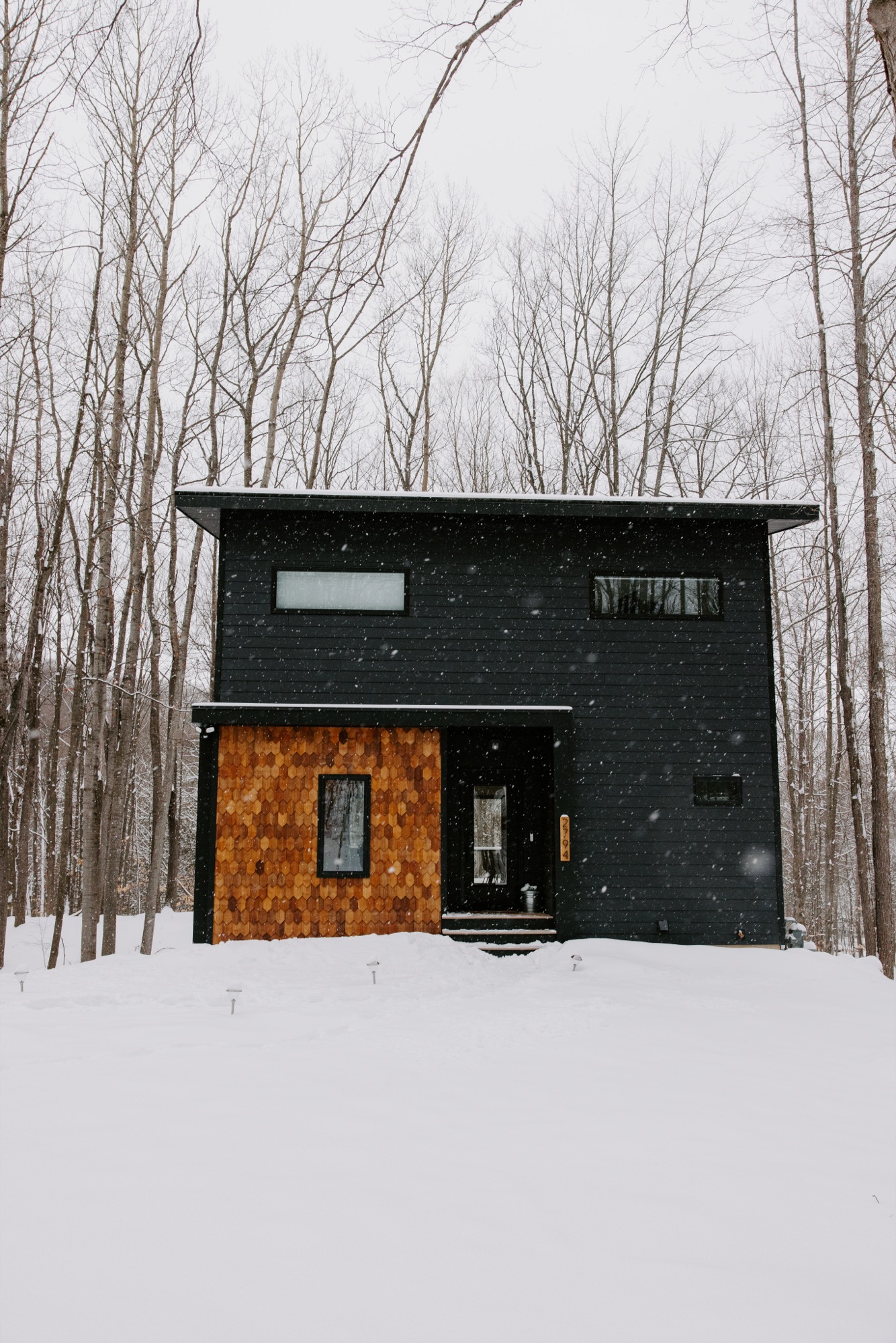 The Holiday House surrounded by falling snow and bare birch trees in winter