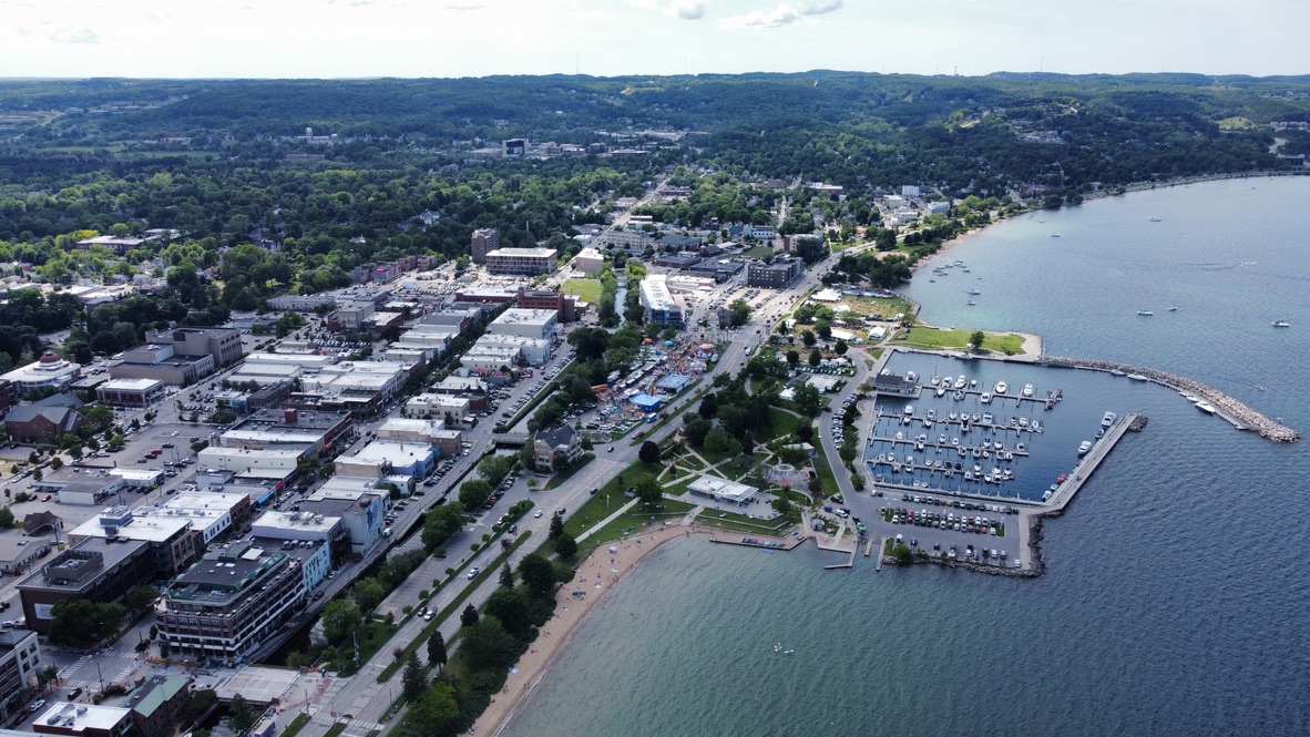 Aerial view of downtown Traverse City and the Grand Traverse Bay waterfront in summer